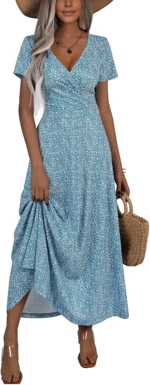 HUHOT Women's Short Sleeve Wrap V Neck Dresses for Wedding Guest Summer Floral Maxi Sundresses with Pockets Boho Dress