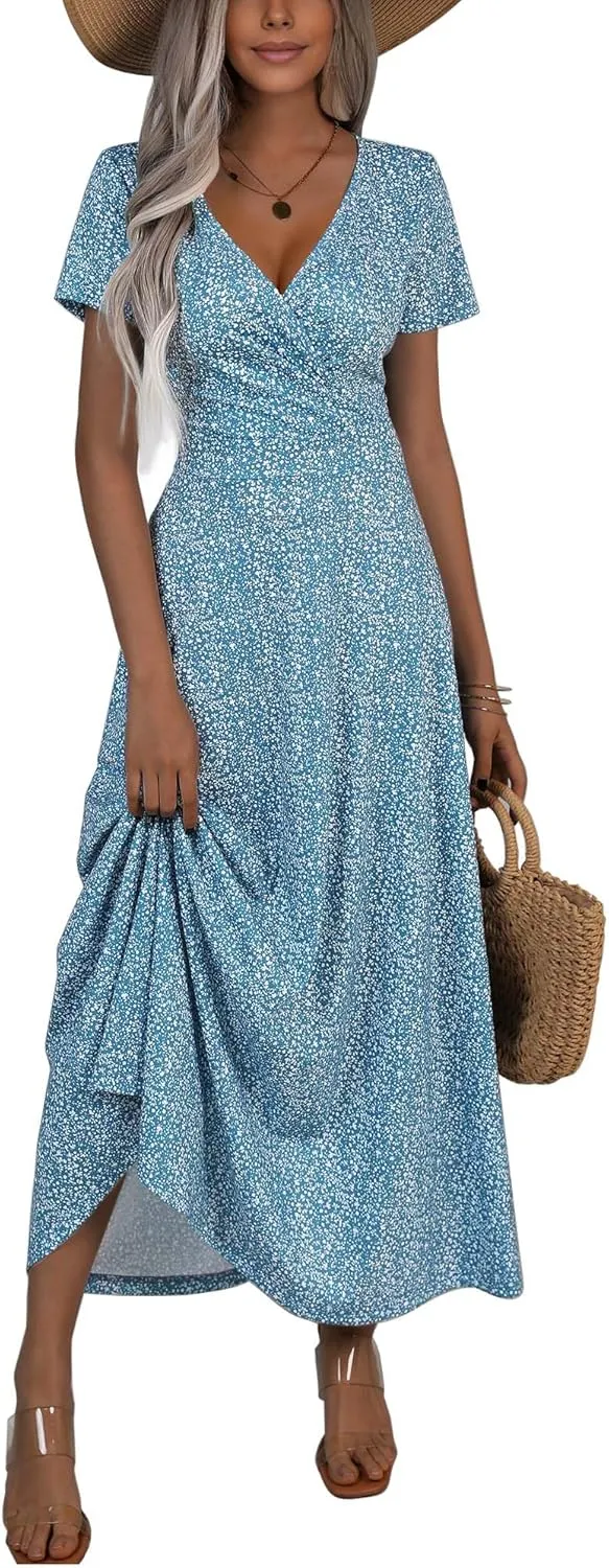HUHOT Women's Short Sleeve Wrap V Neck Dresses for Wedding Guest Summer Floral Maxi Sundresses with Pockets Boho Dress