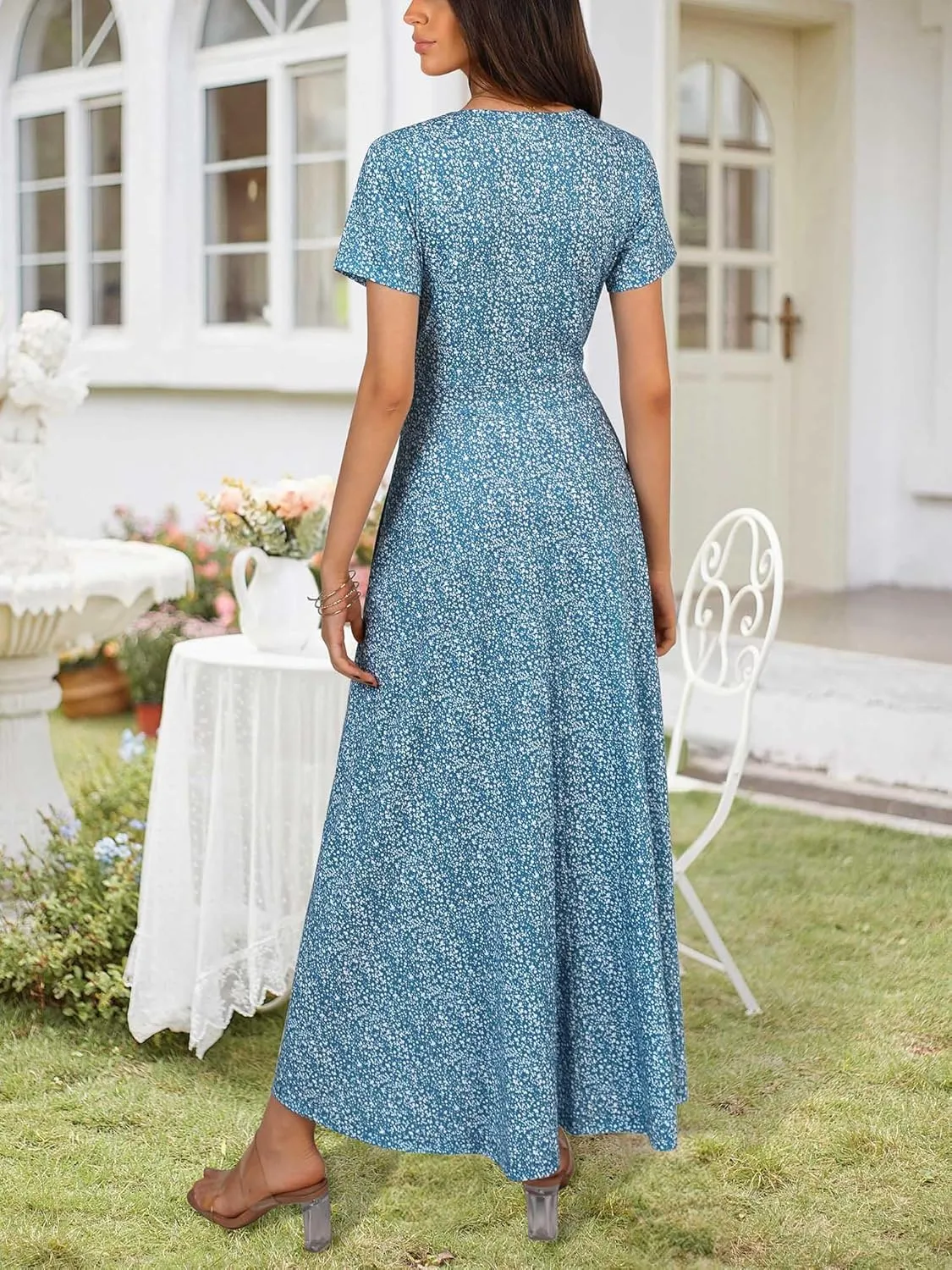 HUHOT Women's Short Sleeve Wrap V Neck Dresses for Wedding Guest Summer Floral Maxi Sundresses with Pockets Boho Dress