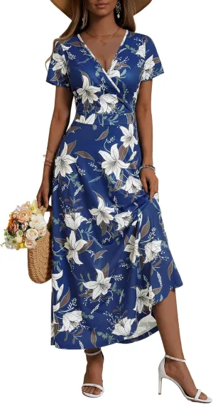 HUHOT Women's Short Sleeve Wrap V Neck Dresses for Wedding Guest Summer Floral Maxi Sundresses with Pockets Boho Dress