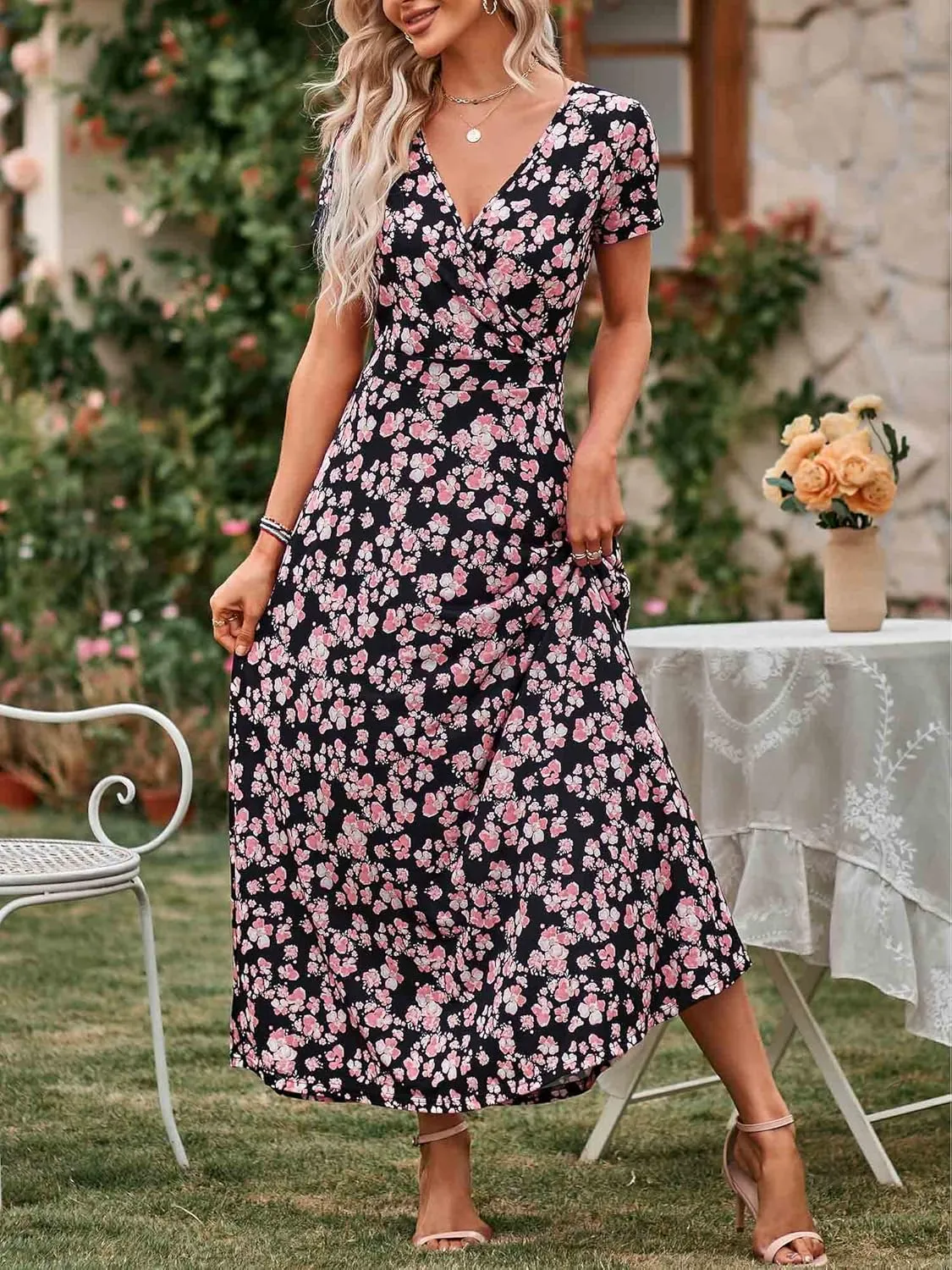 HUHOT Women's Short Sleeve Wrap V Neck Dresses for Wedding Guest Summer Floral Maxi Sundresses with Pockets Boho Dress