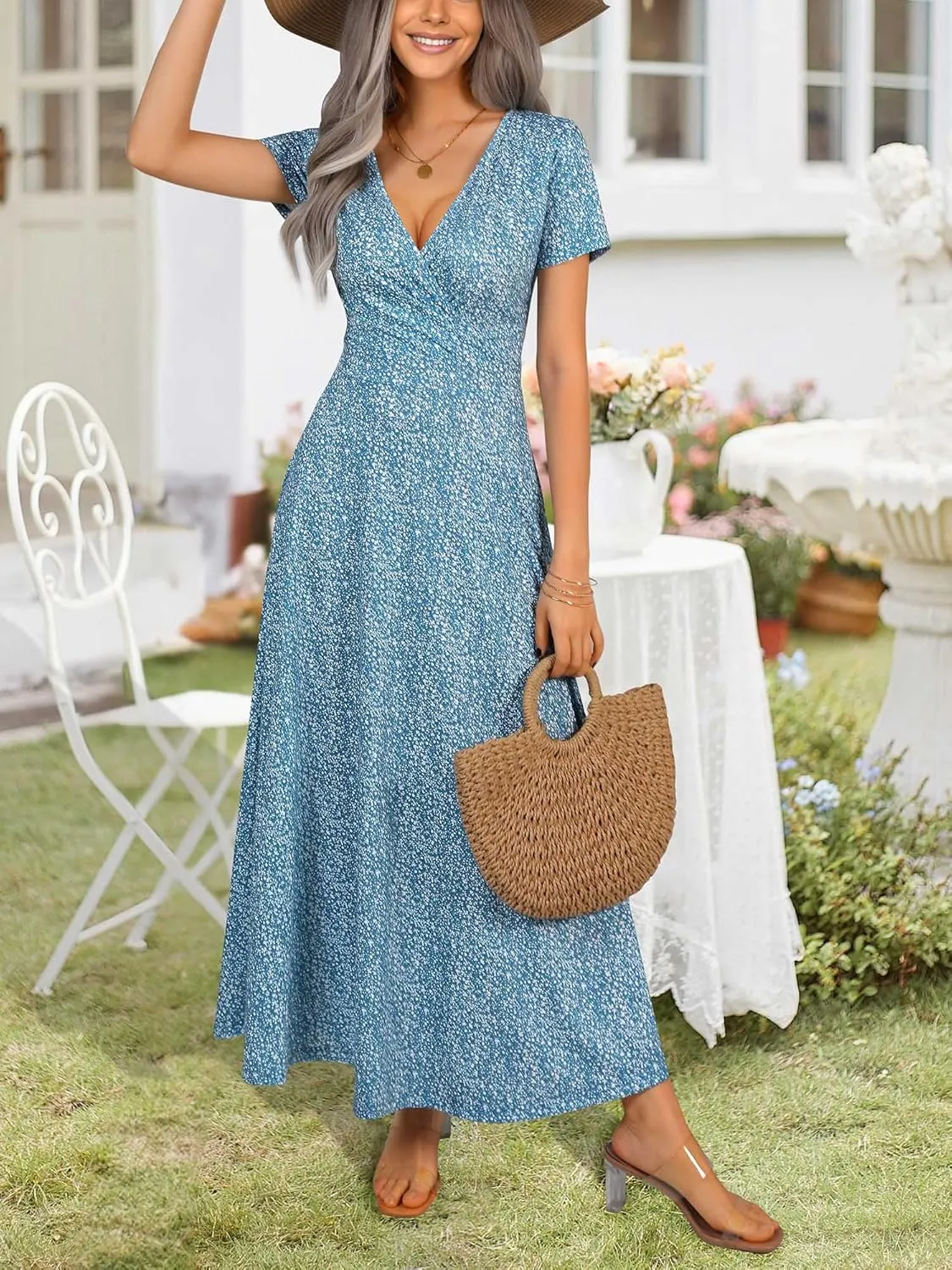 HUHOT Women's Short Sleeve Wrap V Neck Dresses for Wedding Guest Summer Floral Maxi Sundresses with Pockets Boho Dress