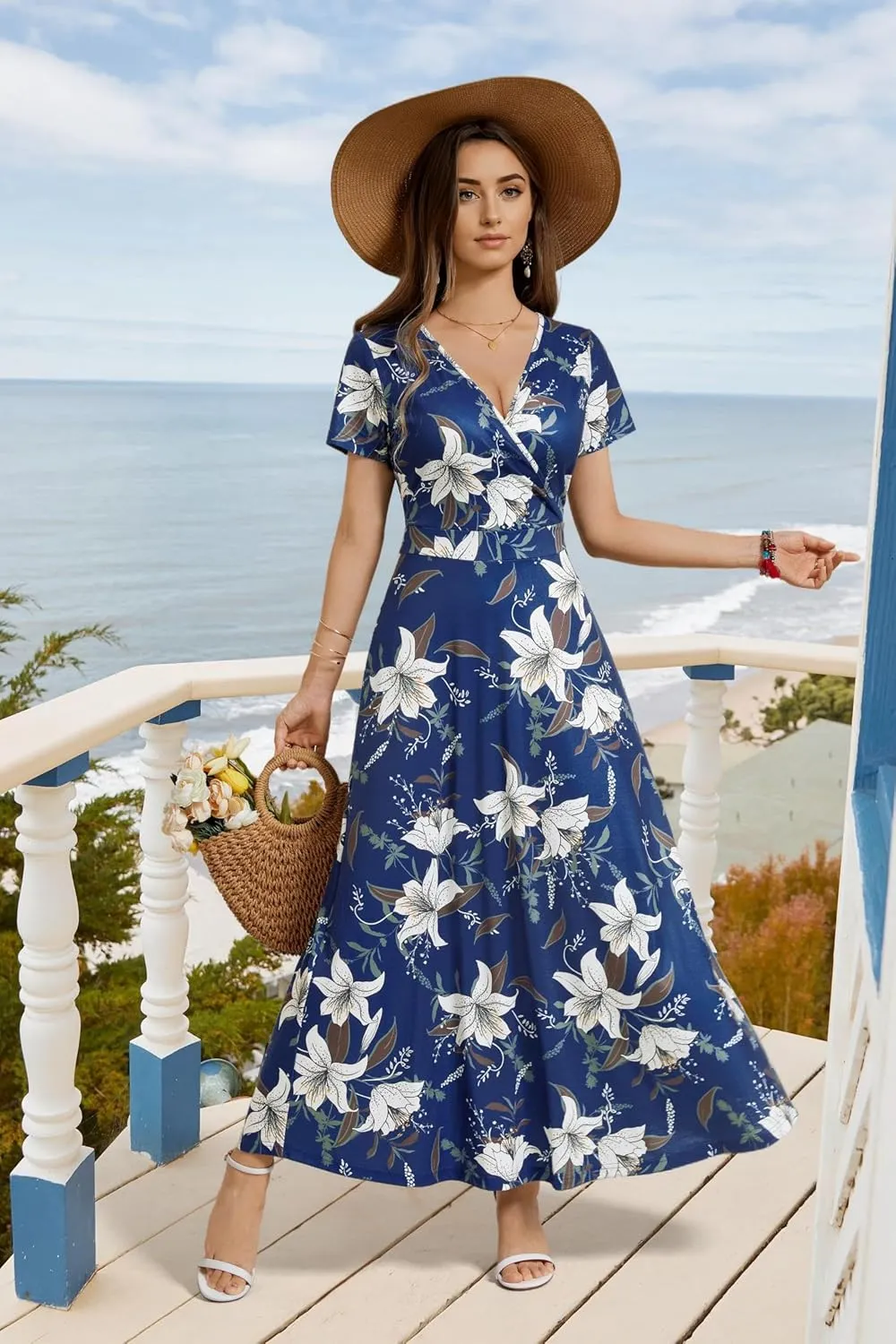HUHOT Women's Short Sleeve Wrap V Neck Dresses for Wedding Guest Summer Floral Maxi Sundresses with Pockets Boho Dress