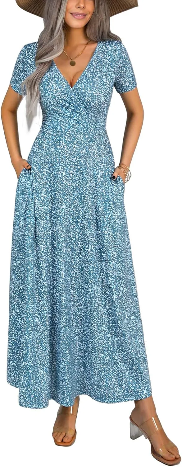 HUHOT Women's Short Sleeve Wrap V Neck Dresses for Wedding Guest Summer Floral Maxi Sundresses with Pockets Boho Dress