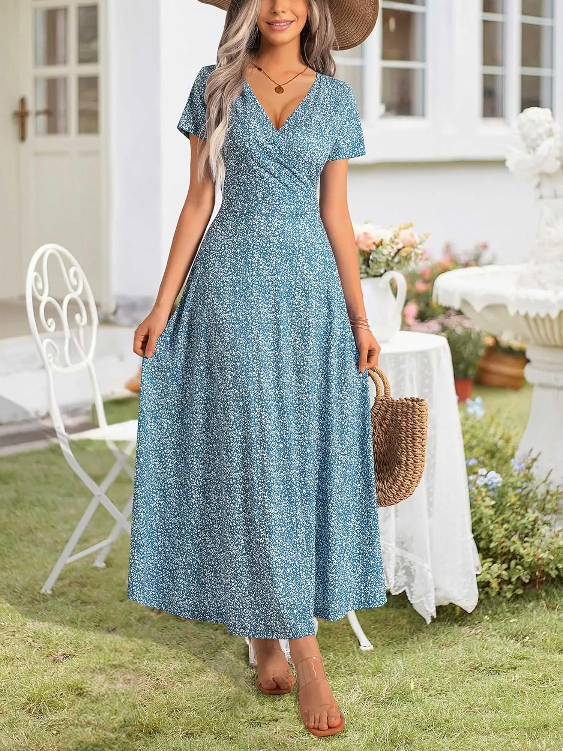 HUHOT Women's Short Sleeve Wrap V Neck Dresses for Wedding Guest Summer Floral Maxi Sundresses with Pockets Boho Dress