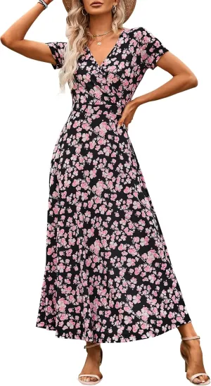 HUHOT Women's Short Sleeve Wrap V Neck Dresses for Wedding Guest Summer Floral Maxi Sundresses with Pockets Boho Dress