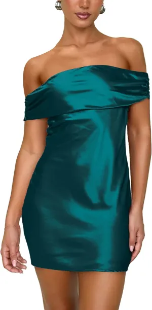 HYPERFIRE Women's Satin Off The Shoulder Mini Dress Tie Back Party Cocktail Dresses