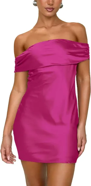 HYPERFIRE Women's Satin Off The Shoulder Mini Dress Tie Back Party Cocktail Dresses