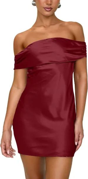 HYPERFIRE Women's Satin Off The Shoulder Mini Dress Tie Back Party Cocktail Dresses