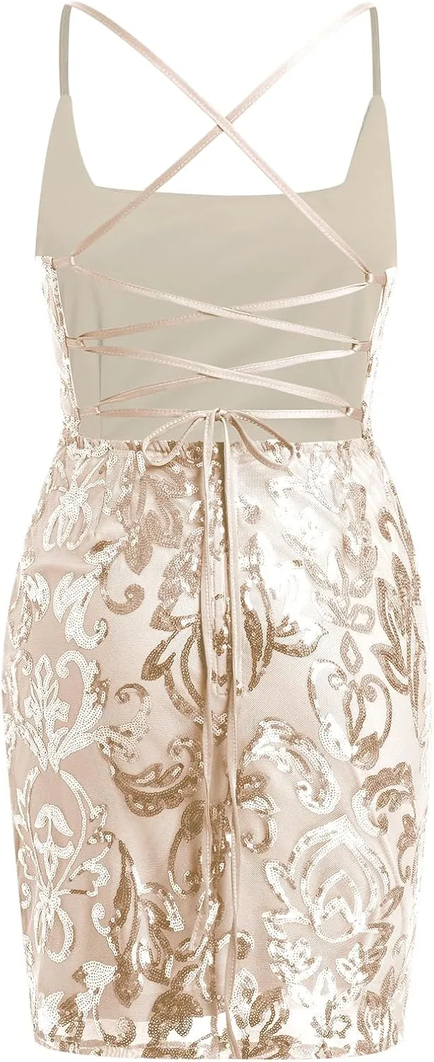 IWEMEK Women Short Homecoming Dresses for Teens Spaghetti Strap Sparkly Sequins Bodycon Mini Dress Club Junior Formal Dresses