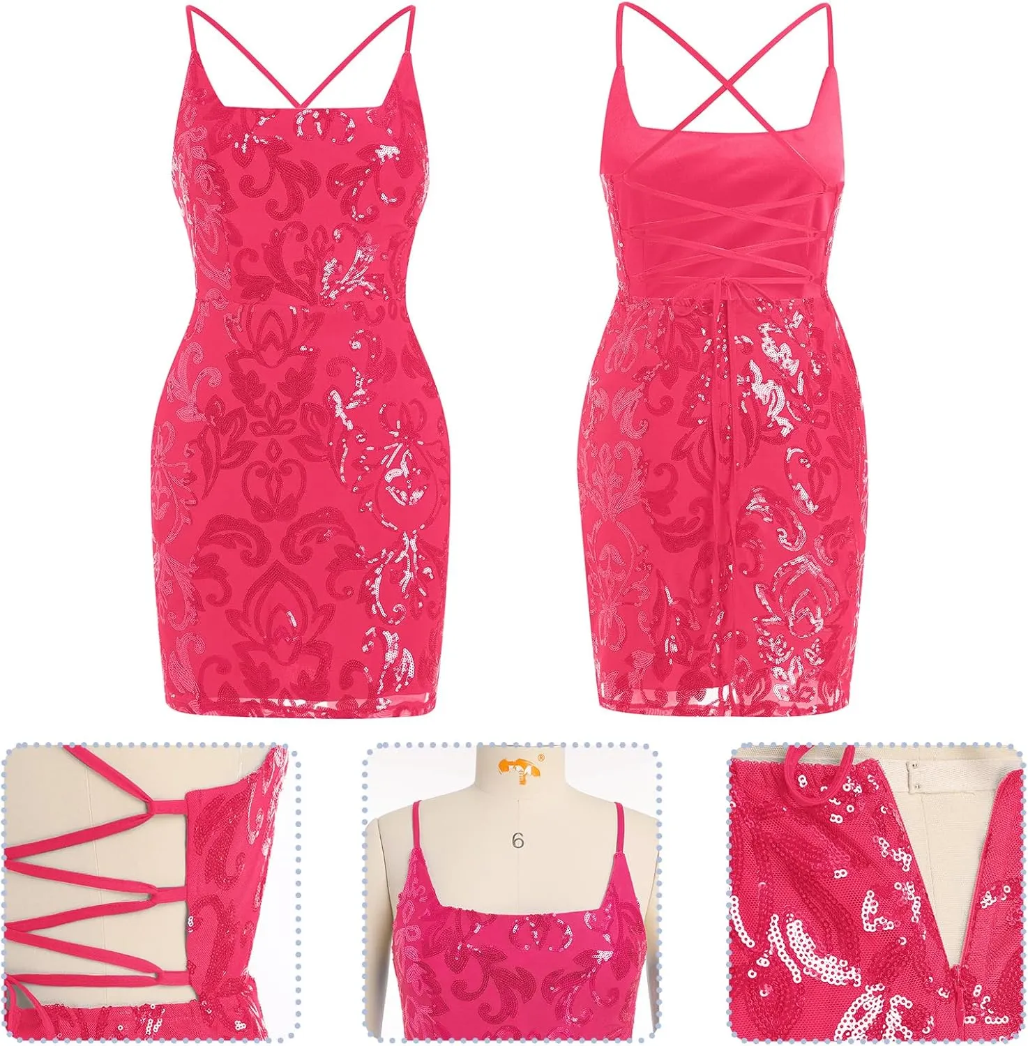 IWEMEK Women Short Homecoming Dresses for Teens Spaghetti Strap Sparkly Sequins Bodycon Mini Dress Club Junior Formal Dresses