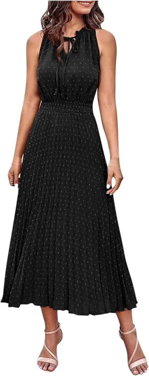 JOAU Women Summer Casual Sleeveless Tank Dress Casual V-Neck Tie Pom Poms Sundress Smocked Waist Flowy Maxi Beach Dresses