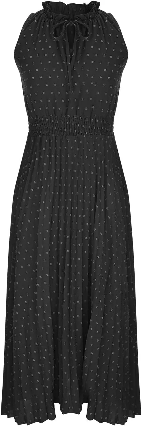 JOAU Women Summer Casual Sleeveless Tank Dress Casual V-Neck Tie Pom Poms Sundress Smocked Waist Flowy Maxi Beach Dresses