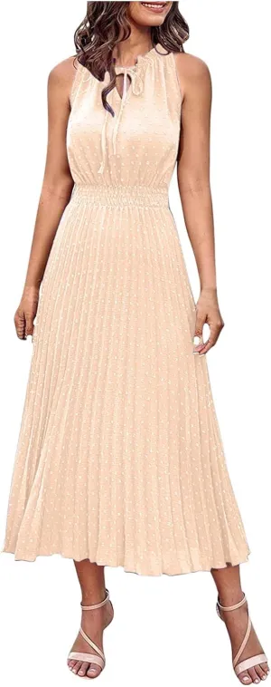 JOAU Women Summer Casual Sleeveless Tank Dress Casual V-Neck Tie Pom Poms Sundress Smocked Waist Flowy Maxi Beach Dresses