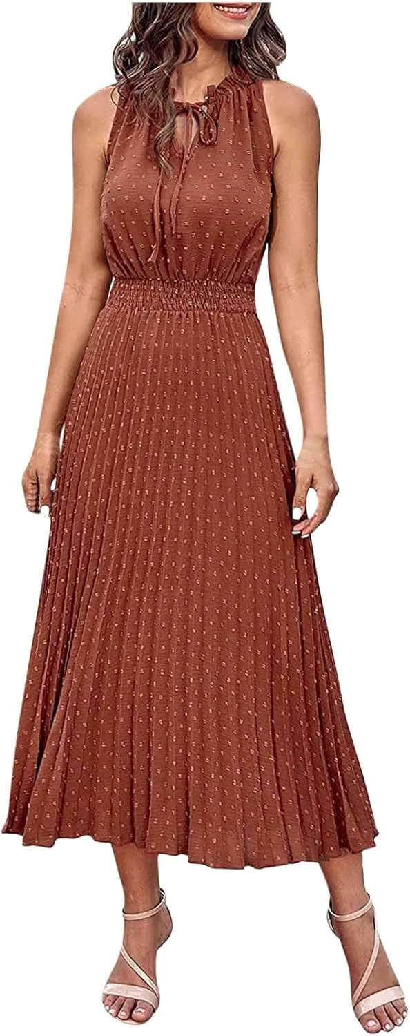 JOAU Women Summer Casual Sleeveless Tank Dress Casual V-Neck Tie Pom Poms Sundress Smocked Waist Flowy Maxi Beach Dresses