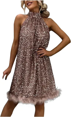 jsaierl Women Halter Neck Sequin Dress Fall Winter Festival Cocktail Party Evening Dress Sparkly Fur Trim Dresses Clubwear