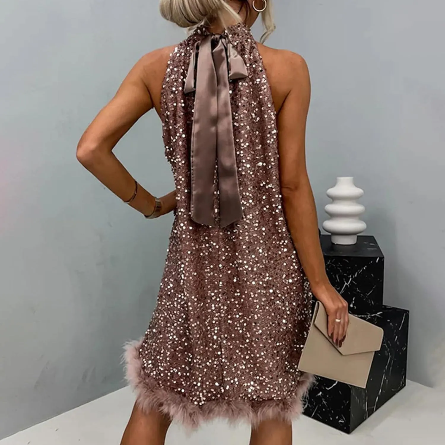 jsaierl Women Halter Neck Sequin Dress Fall Winter Festival Cocktail Party Evening Dress Sparkly Fur Trim Dresses Clubwear