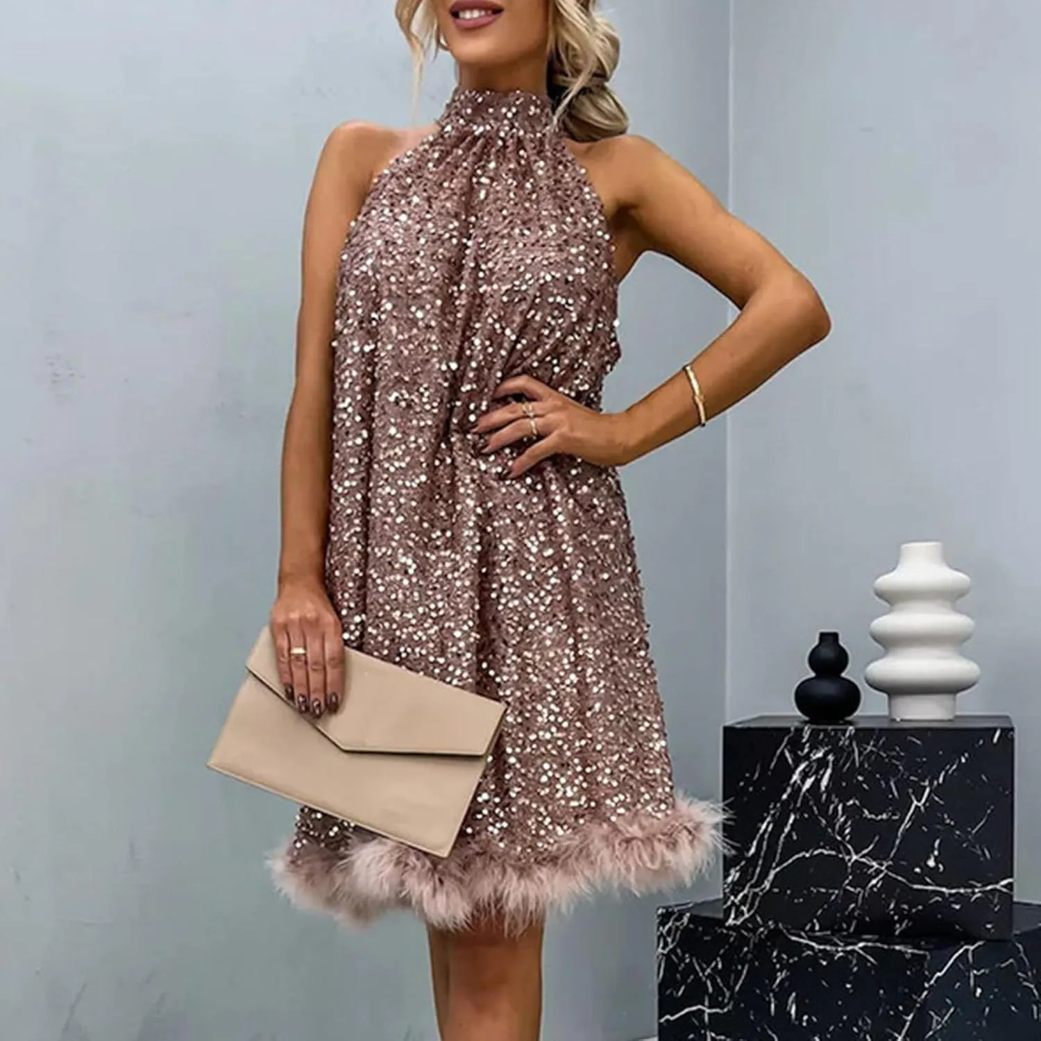jsaierl Women Halter Neck Sequin Dress Fall Winter Festival Cocktail Party Evening Dress Sparkly Fur Trim Dresses Clubwear