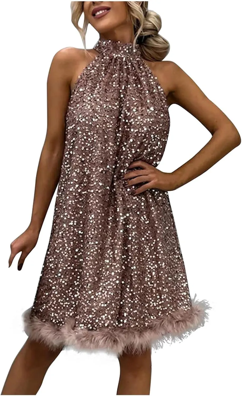 jsaierl Women Halter Neck Sequin Dress Fall Winter Festival Cocktail Party Evening Dress Sparkly Fur Trim Dresses Clubwear