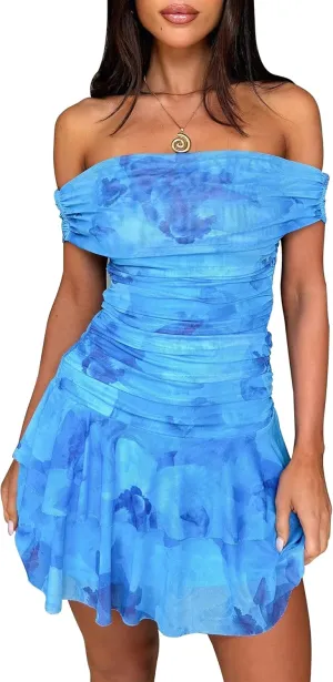 Kaximil Women's Off The Shoulder Floral Mini Dress Ruffle Hem Ruched Corset Short Cocktail Party Dresses