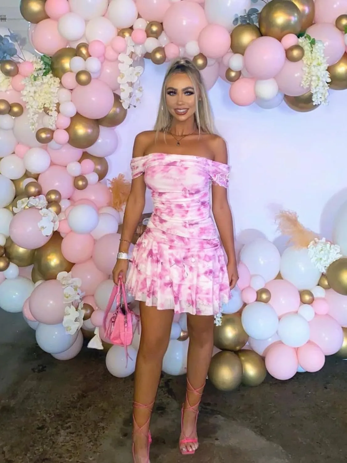 Kaximil Women's Off The Shoulder Floral Mini Dress Ruffle Hem Ruched Corset Short Cocktail Party Dresses