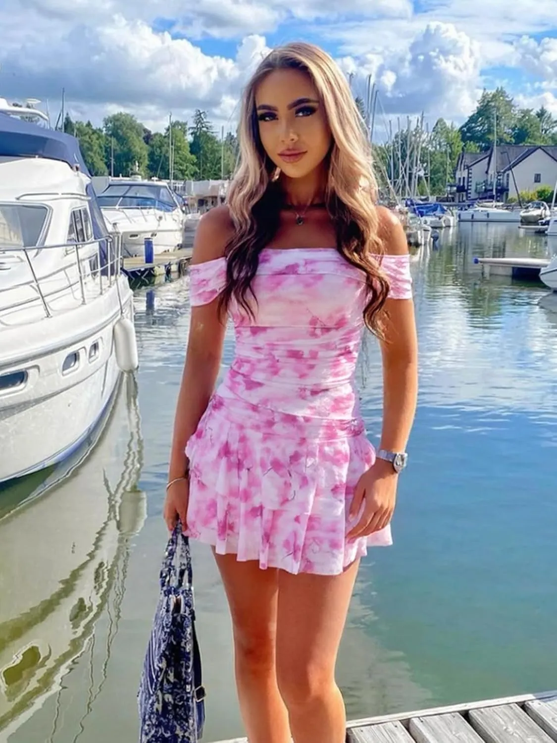 Kaximil Women's Off The Shoulder Floral Mini Dress Ruffle Hem Ruched Corset Short Cocktail Party Dresses