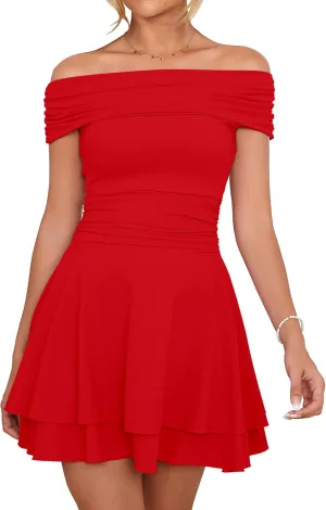 Kaximil Women's Off The Shoulder Mini Dress Ruffle Hem Ruched Corset Short Cocktail Party Dresses