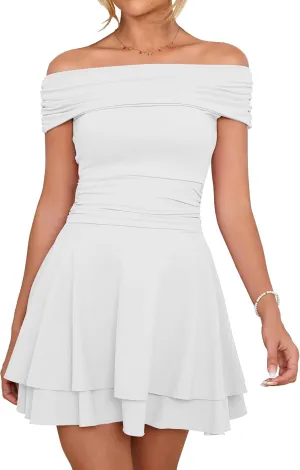 Kaximil Women's Off The Shoulder Mini Dress Ruffle Hem Ruched Corset Short Cocktail Party Dresses