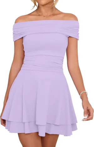 Kaximil Women's Off The Shoulder Mini Dress Ruffle Hem Ruched Corset Short Cocktail Party Dresses