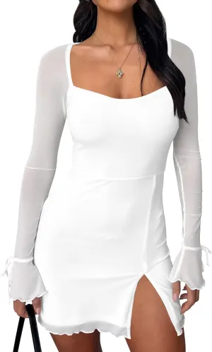 Kaximil Women's Sexy Bodycon Mesh Long Sleeve Square Neck Slit Party Short Mini Dress