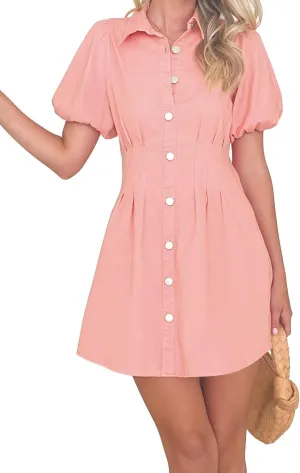 KDF Summer Denim Dress for Women Puff Sleeve Slim Fit Jean Dresses for Women 2025 Casual