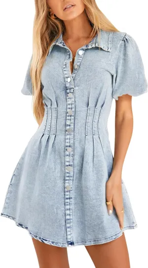 KDF Summer Denim Dress for Women Puff Sleeve Slim Fit Jean Dresses for Women 2025 Casual