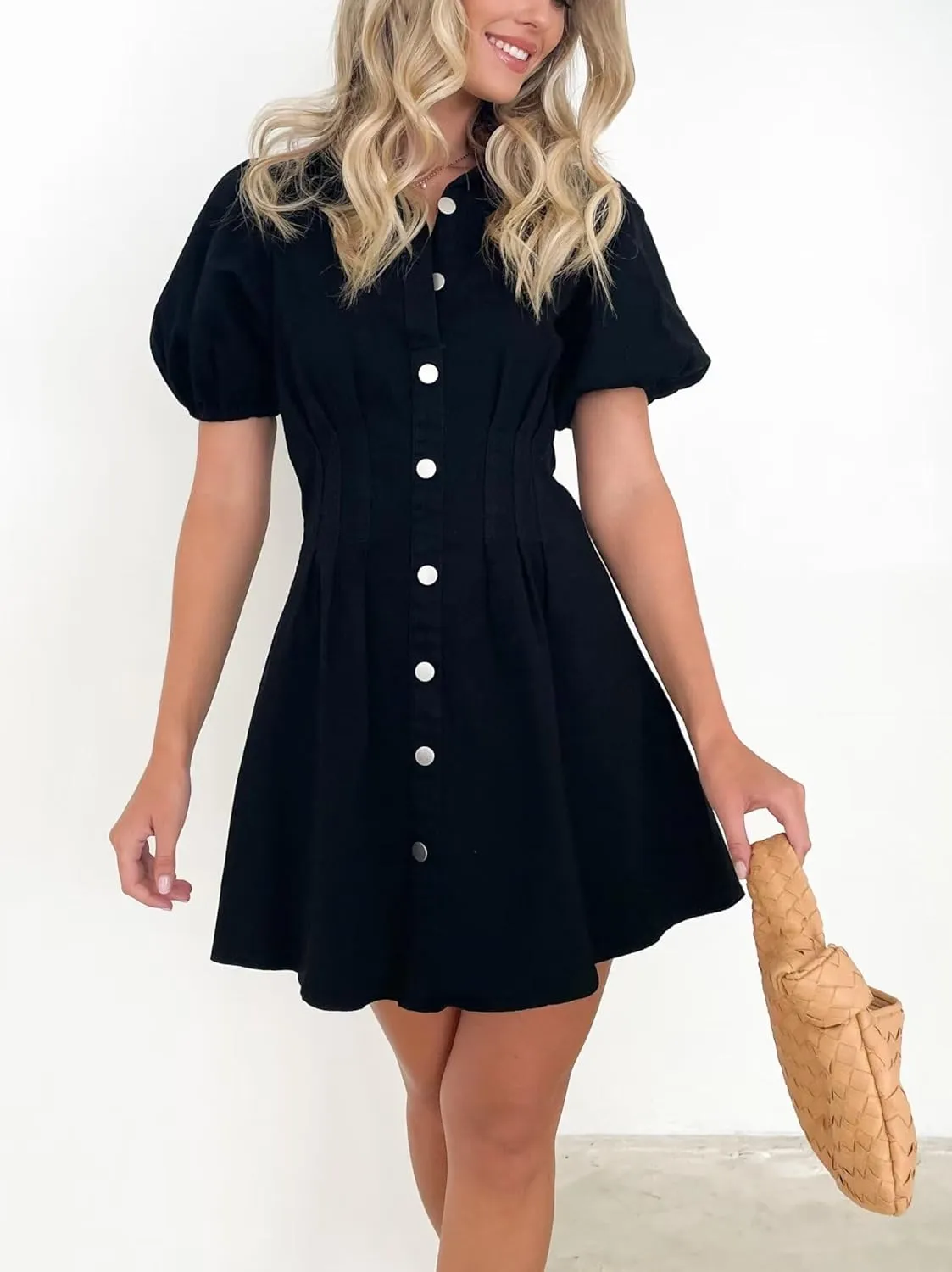 KDF Summer Denim Dress for Women Puff Sleeve Slim Fit Jean Dresses for Women 2025 Casual