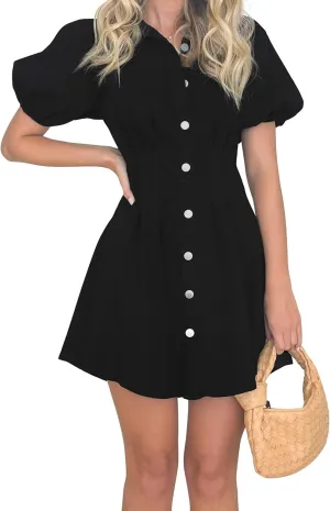 KDF Summer Denim Dress for Women Puff Sleeve Slim Fit Jean Dresses for Women 2025 Casual