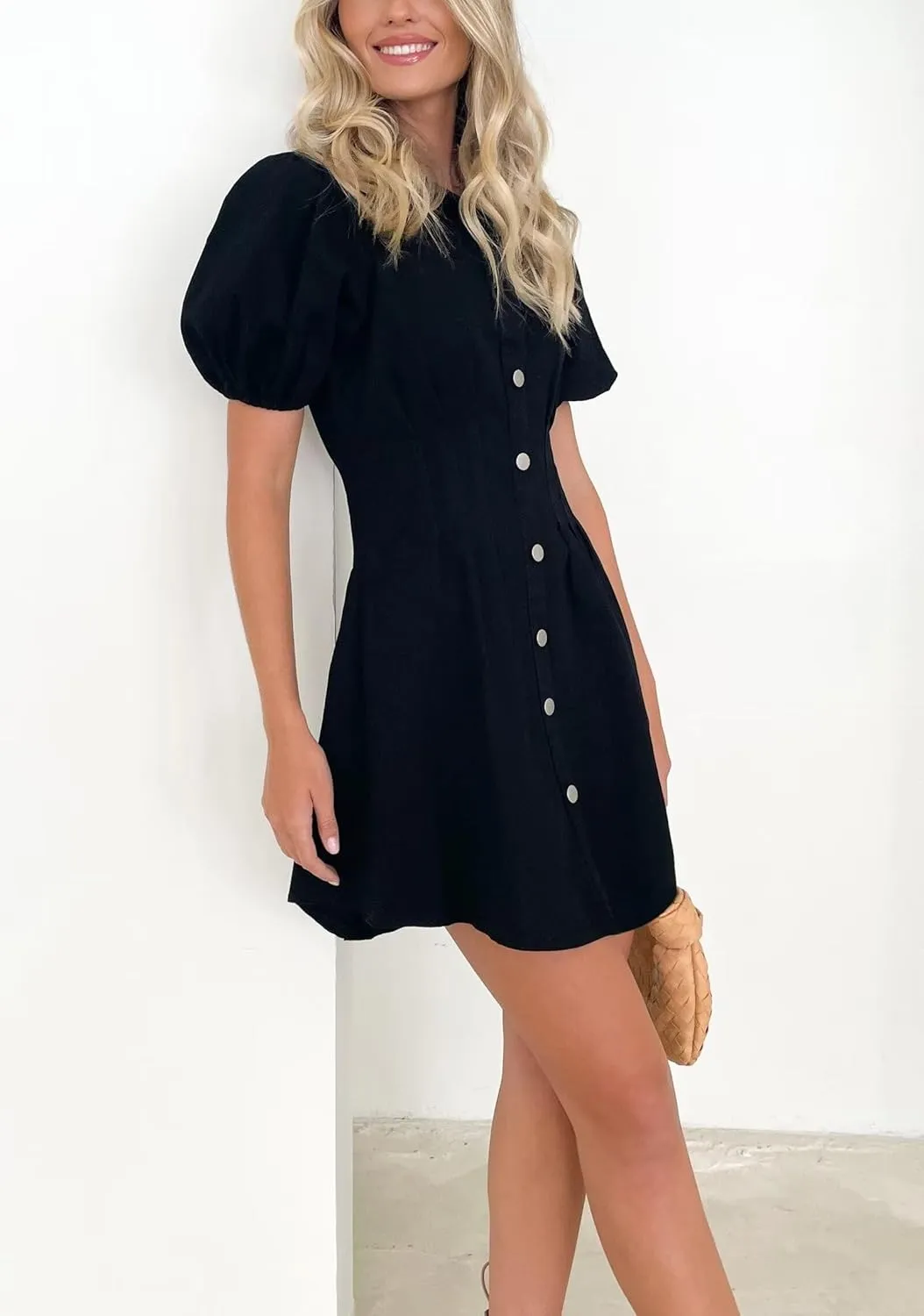 KDF Summer Denim Dress for Women Puff Sleeve Slim Fit Jean Dresses for Women 2025 Casual