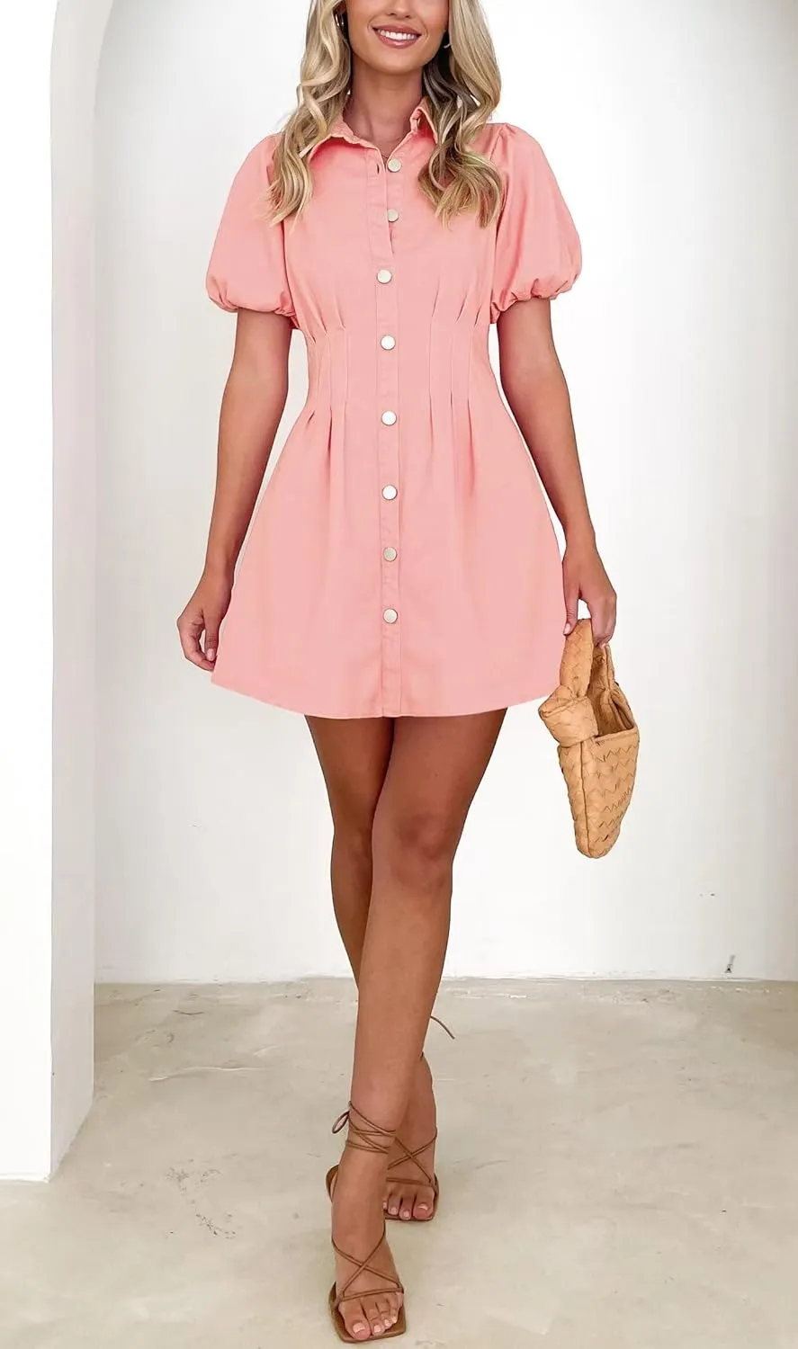 KDF Summer Denim Dress for Women Puff Sleeve Slim Fit Jean Dresses for Women 2025 Casual