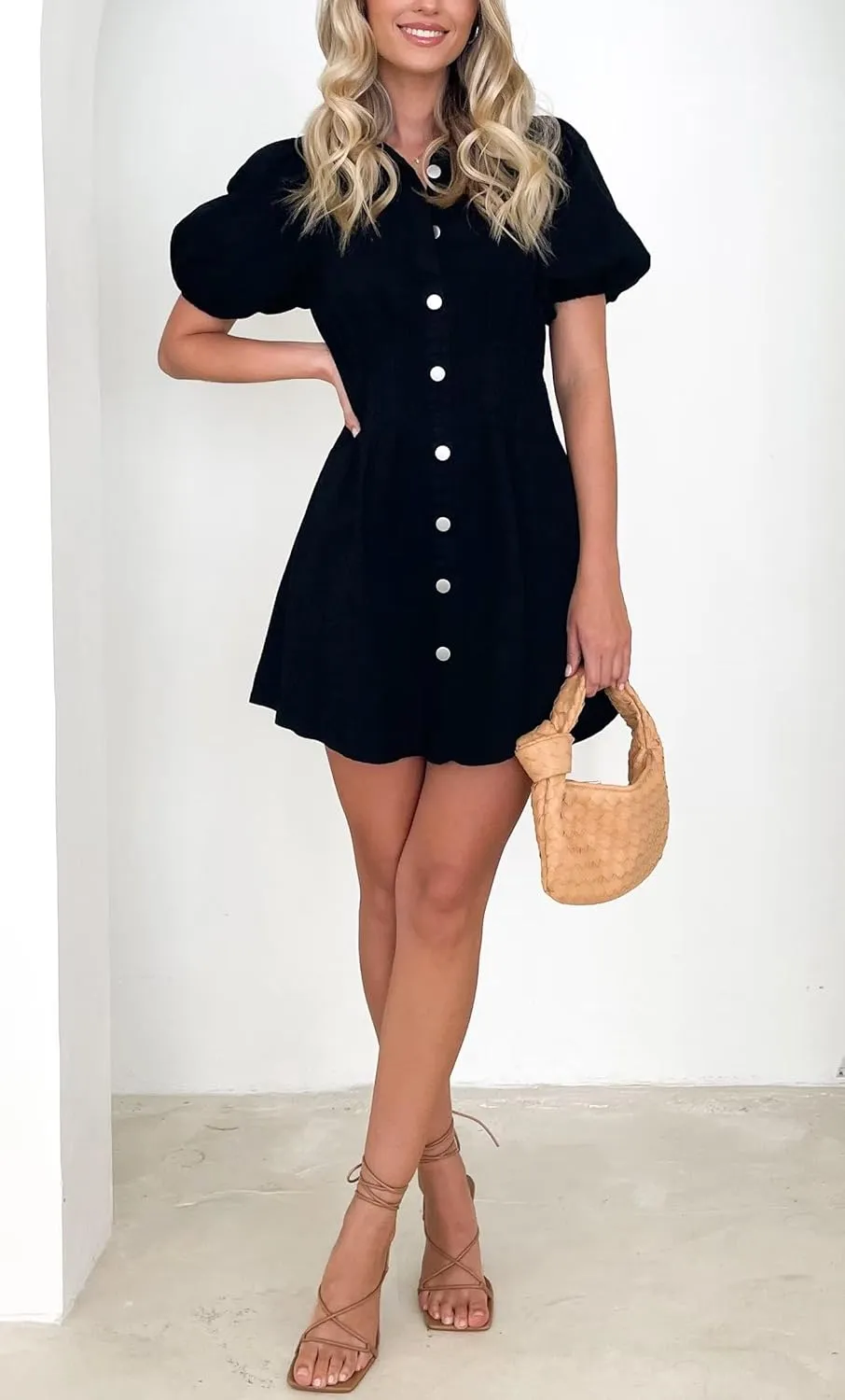 KDF Summer Denim Dress for Women Puff Sleeve Slim Fit Jean Dresses for Women 2025 Casual