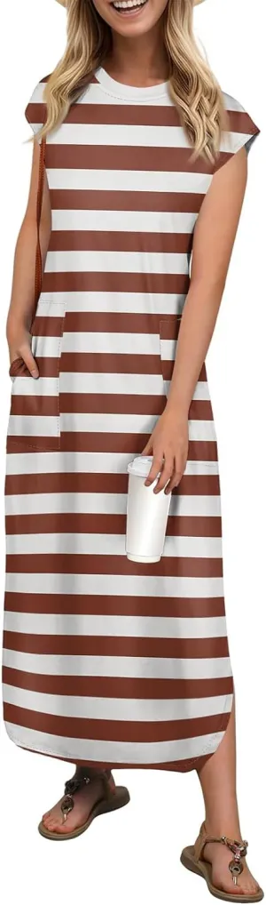 Kenvina Womens Summer Floral Midi Dresses Cap Sleeve Beach Vacation Dress V Neck Long Flowy Boho Casual Dress with Pocket