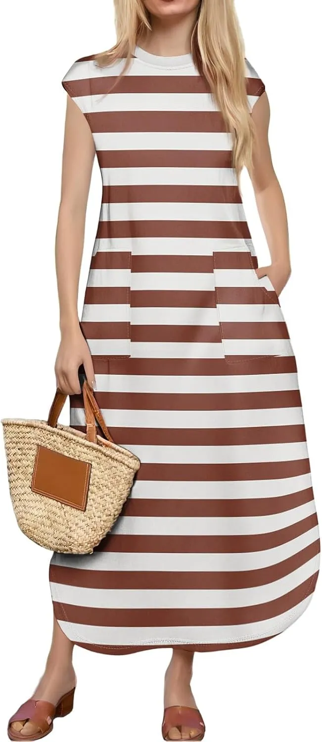 Kenvina Womens Summer Floral Midi Dresses Cap Sleeve Beach Vacation Dress V Neck Long Flowy Boho Casual Dress with Pocket