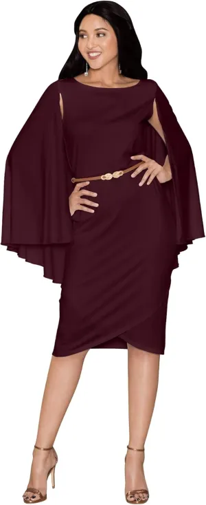 KOH KOH Womens Cape Long Sleeve Round Neck Cocktail with Leather Belt Mini Dress