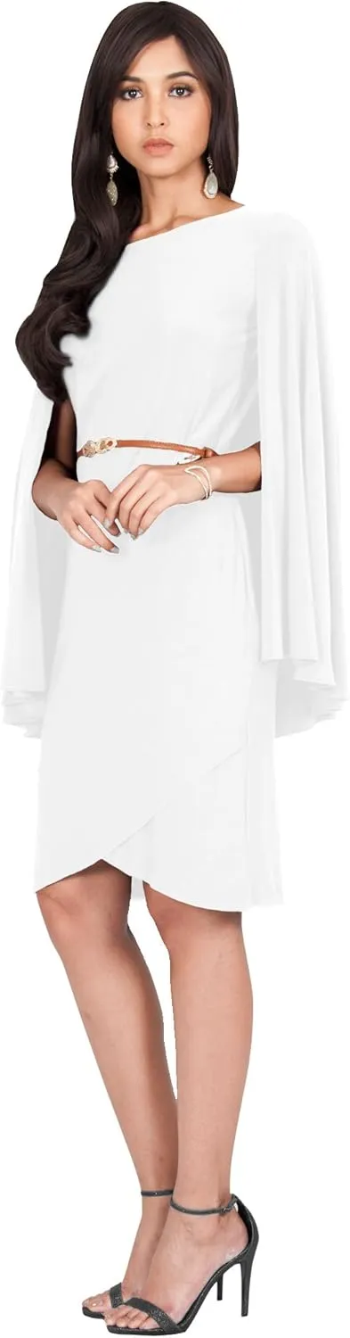 KOH KOH Womens Cape Long Sleeve Round Neck Cocktail with Leather Belt Mini Dress