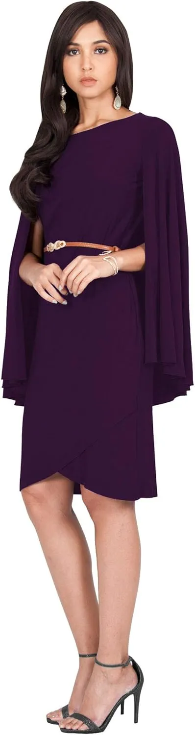 KOH KOH Womens Cape Long Sleeve Round Neck Cocktail with Leather Belt Mini Dress