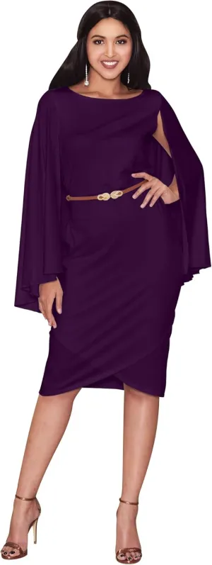 KOH KOH Womens Cape Long Sleeve Round Neck Cocktail with Leather Belt Mini Dress