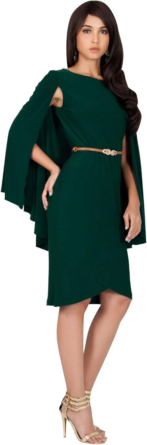 KOH KOH Womens Cape Long Sleeve Round Neck Cocktail with Leather Belt Mini Dress