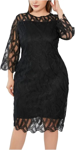 Lace Cocktail Dress for Women's Plus Size 3/4 Sleeve Formal Midi Dress Vintage Crew Neck Summer Prom Party Dresses
