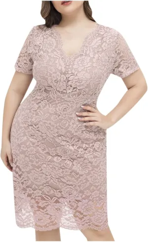 Lace Cocktail Dress for Women's Plus Size 3/4 Sleeve Formal Midi Dress Vintage Crew Neck Summer Prom Party Dresses