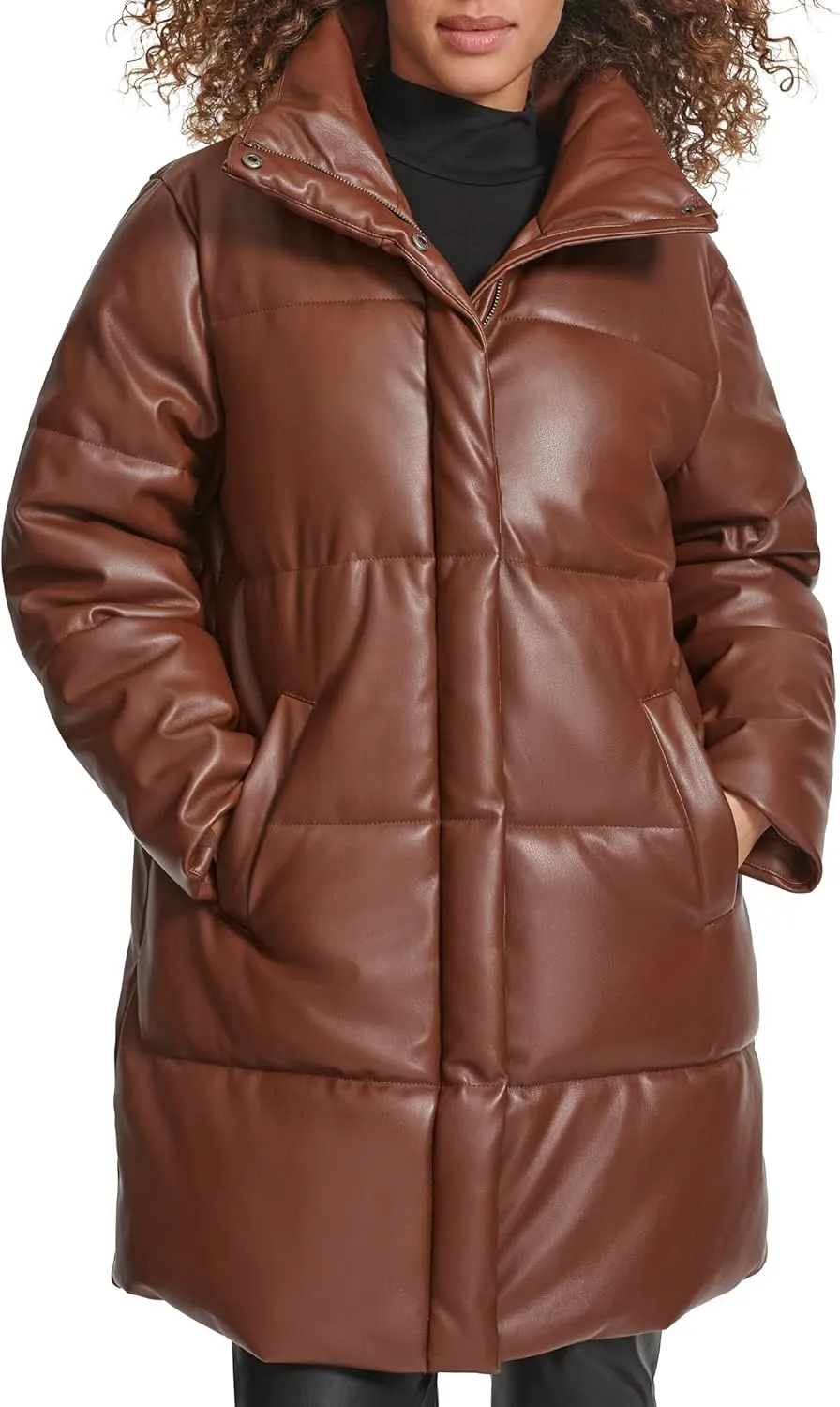 Levi's Women's Faux Leather Mid-Length Puffer Coat