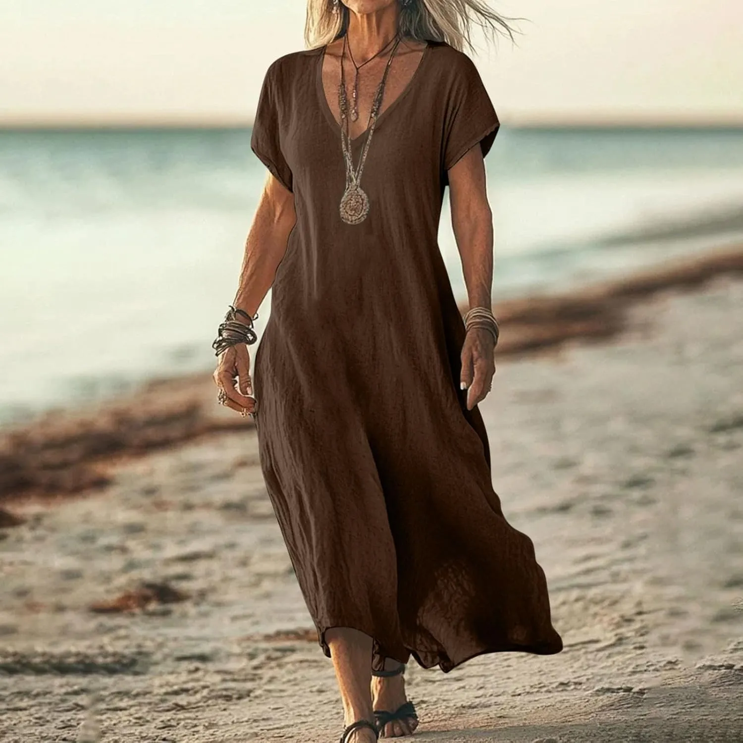 Linen Casual Dresses for Women Flowy V Neck Short Sleeve 2025 Maxi Dress Lightweight Summer Beach Vacation Clothes