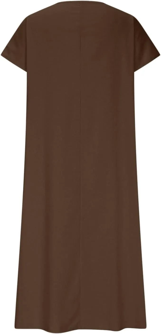 Linen Casual Dresses for Women Flowy V Neck Short Sleeve 2025 Maxi Dress Lightweight Summer Beach Vacation Clothes