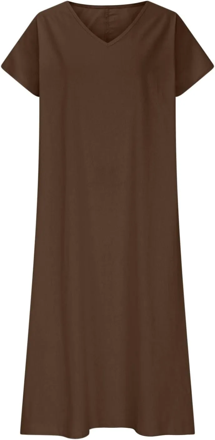 Linen Casual Dresses for Women Flowy V Neck Short Sleeve 2025 Maxi Dress Lightweight Summer Beach Vacation Clothes